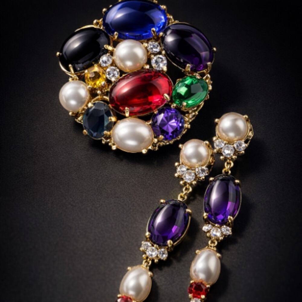 Vintage 1980's Park Lane Masterpiece Cabochon Brooch Dangle Earring Set NWT
